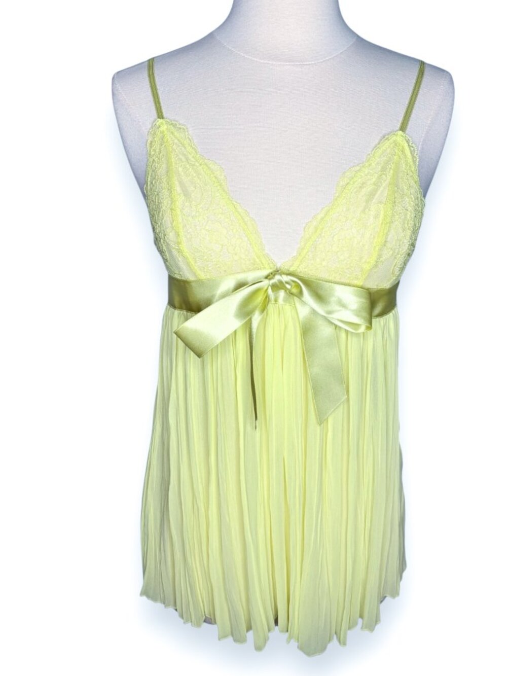 Victoria's Secret Sheer Neon Yellow Green Pleated Babydoll Bow Lingerie Small
